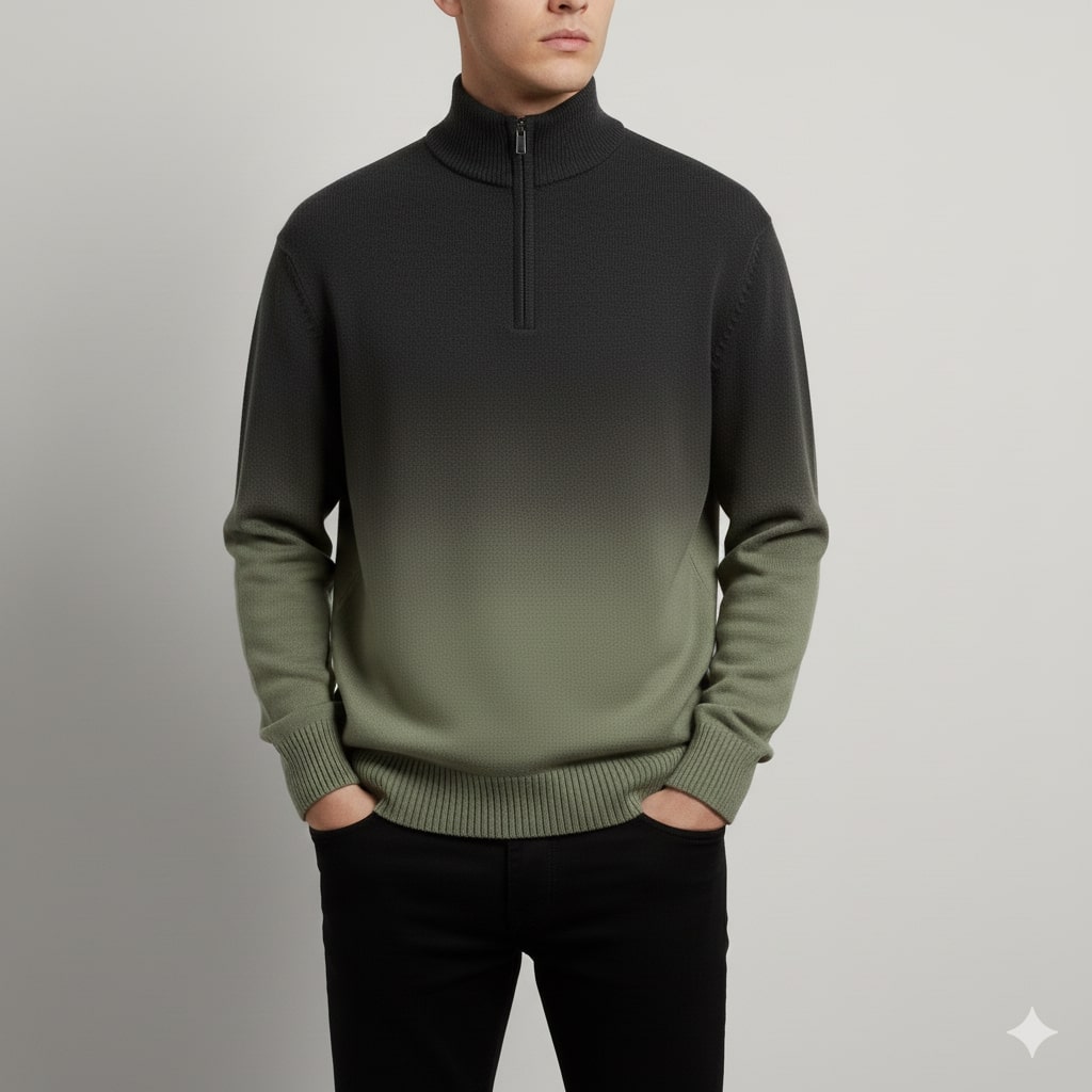 Akhie Men’s Wool Pullover – Gradient Ombre Quarter-Zip Sweater