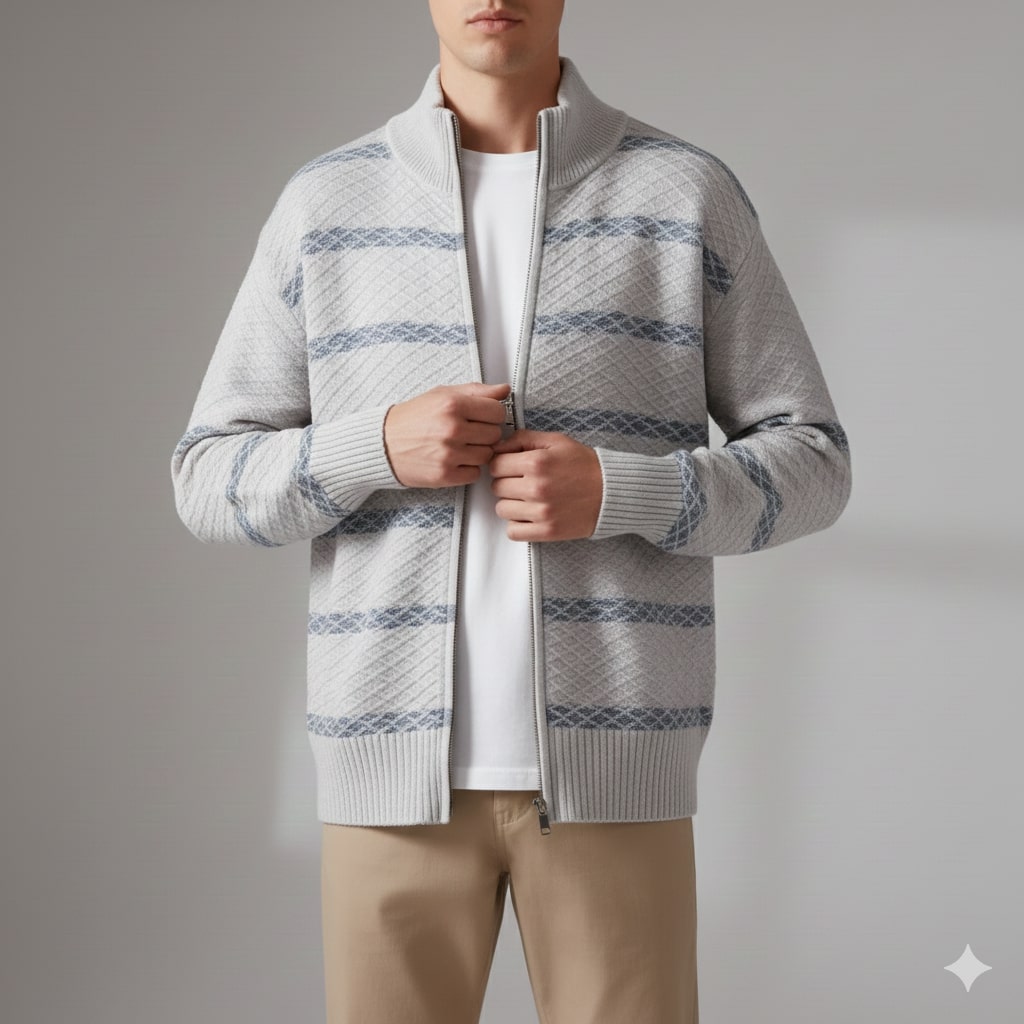 Craig Men’s Zip-Up Cardigan – Textured Knit Sweater with Stand Collar