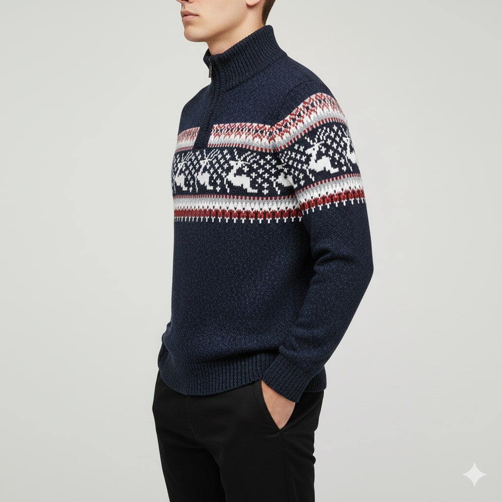 Aldrey Men's Christmas Sweater – Wool Knit Quarter-Zip Pullover