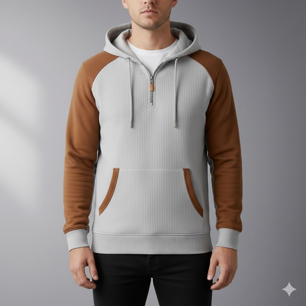 Colton Men’s Quarter-Zip Hoodie – Corduroy Cotton Blend Sweatshirt with Contrast Panels