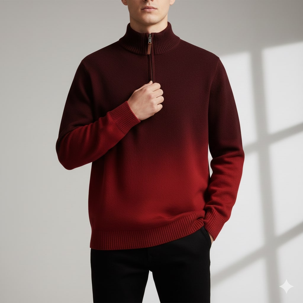 Akhie Men’s Wool Pullover – Gradient Ombre Quarter-Zip Sweater