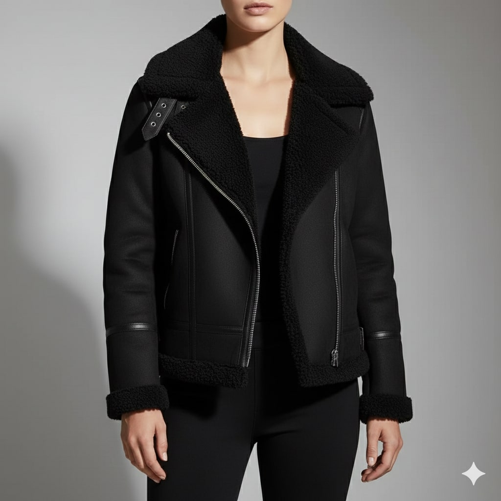 Aubrey Women’s Shearling Jacket – Aviator Suede Jacket with Plush Lining