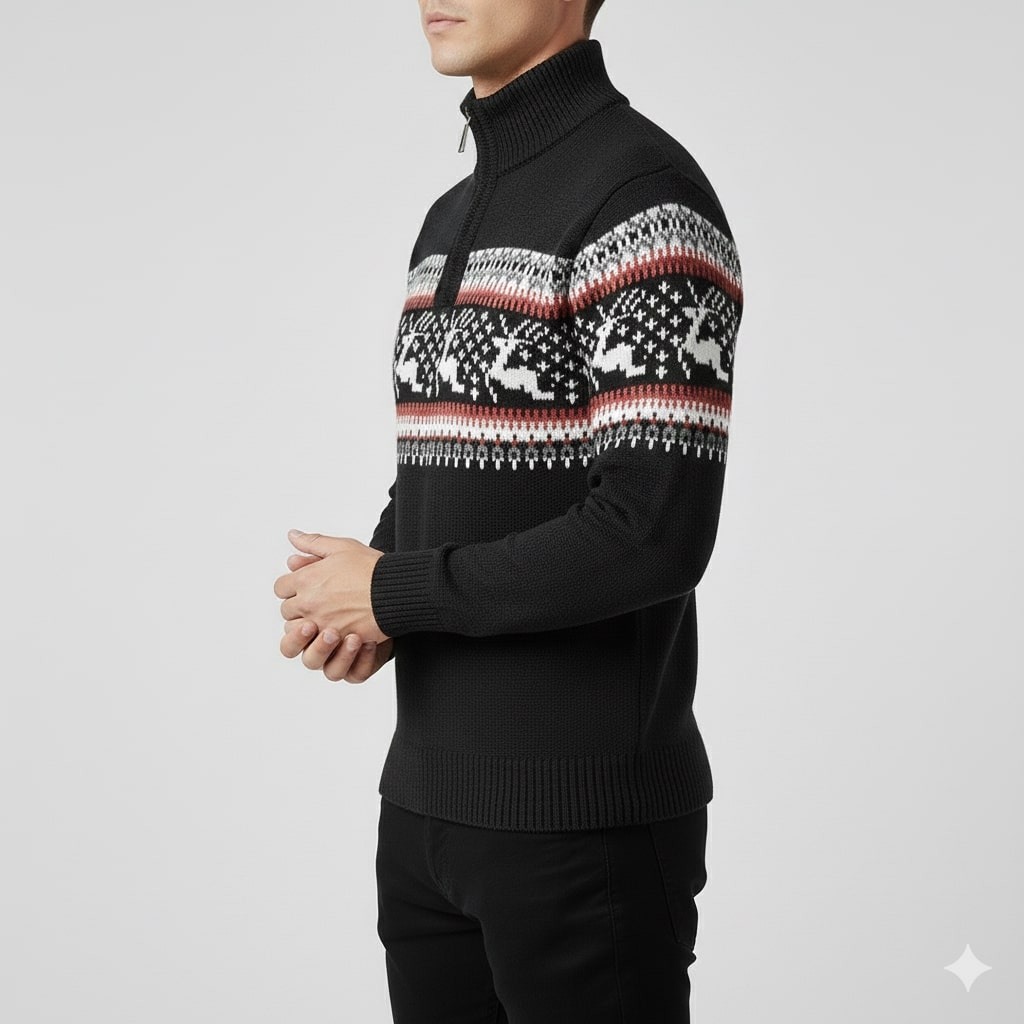 Aldrey Men's Christmas Sweater – Wool Knit Quarter-Zip Pullover