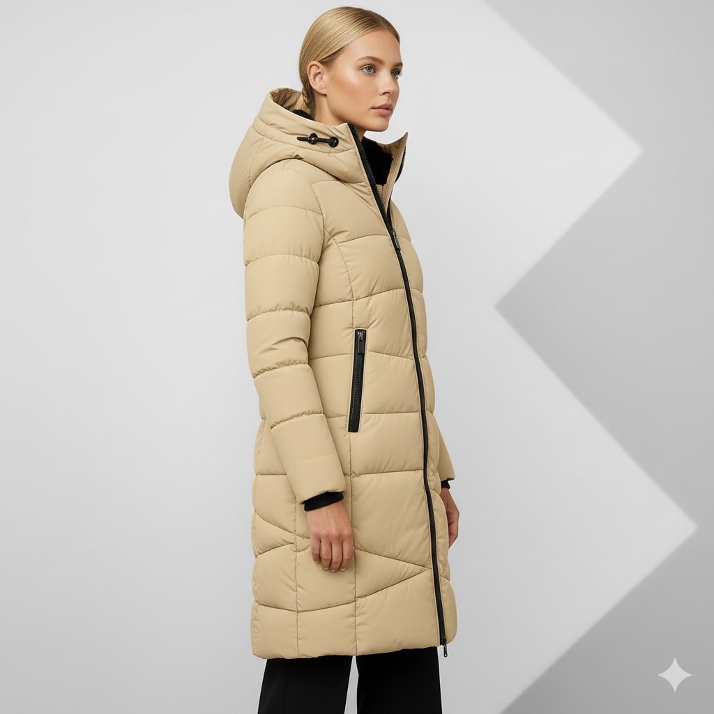 Elana Women’s Long Quilted Coat – Full-Length Warm Winter Jacket with Hood & Plush Lining
