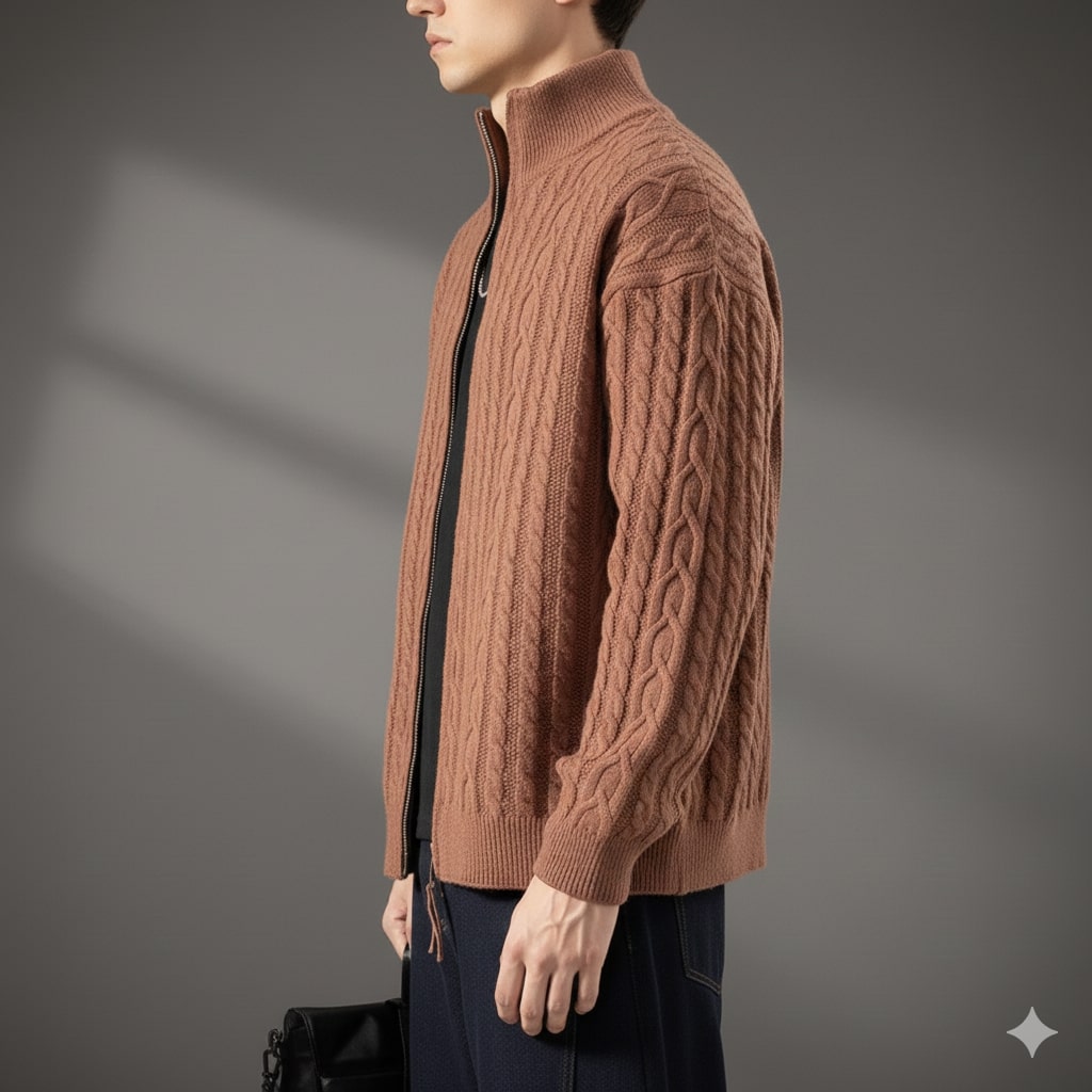 Domingo Men’s Zip-Up Cardigan – Cable Knit Mid-Weight Sweater