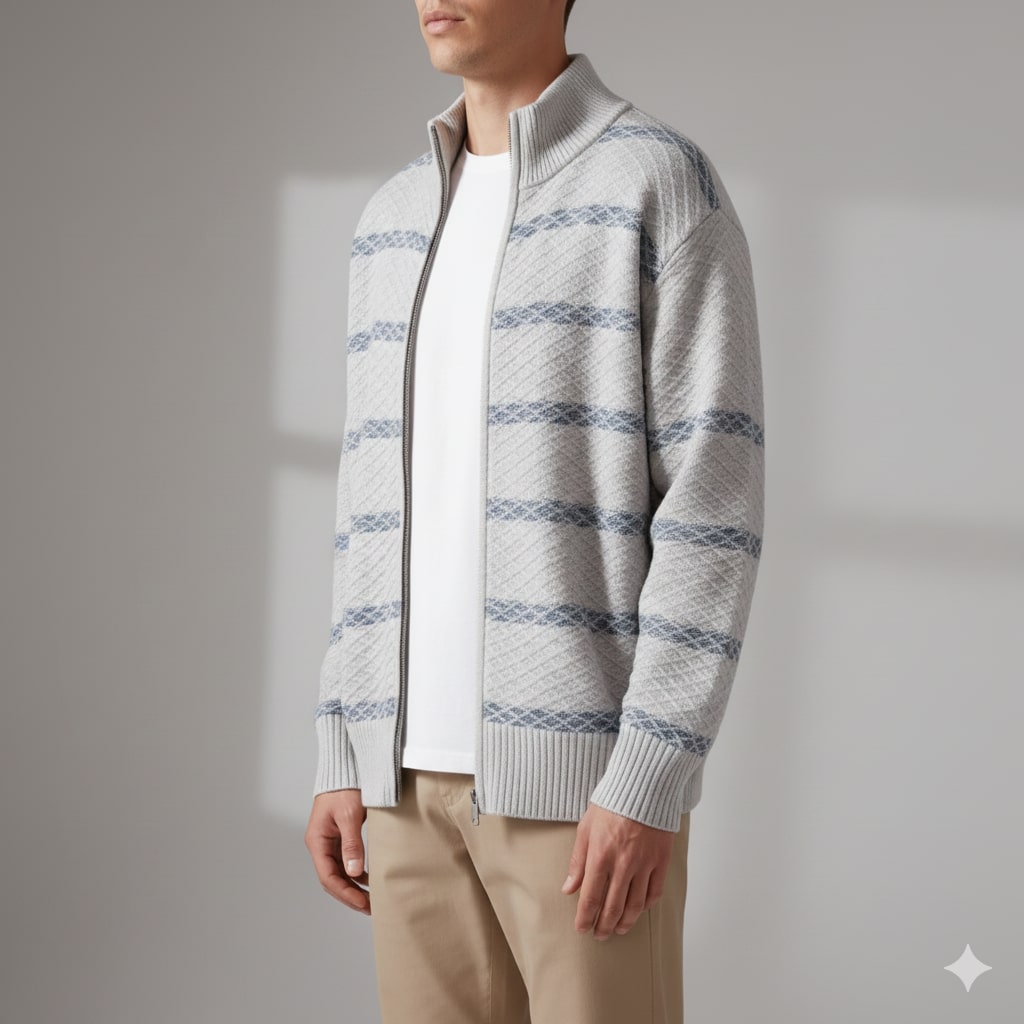 Craig Men’s Zip-Up Cardigan – Textured Knit Sweater with Stand Collar