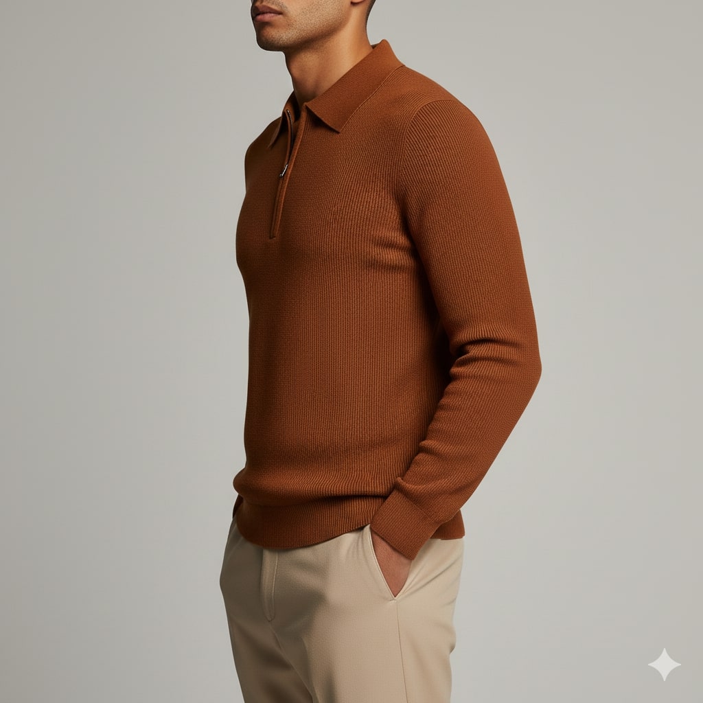 Roderick Men’s Knit Sweater – Waffle Texture Quarter-Zip Polo Shirt