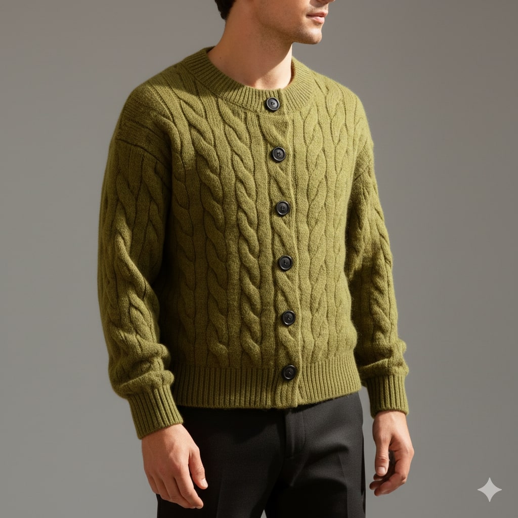 David Men’s Cardigan – Cable Knit Cardigan with Classic Button-Up Style