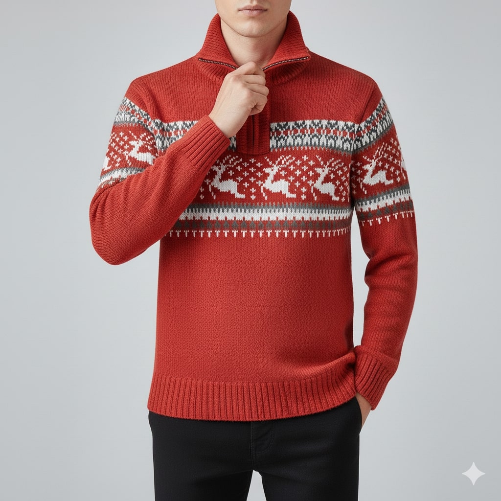 Aldrey Men's Christmas Sweater – Wool Knit Quarter-Zip Pullover