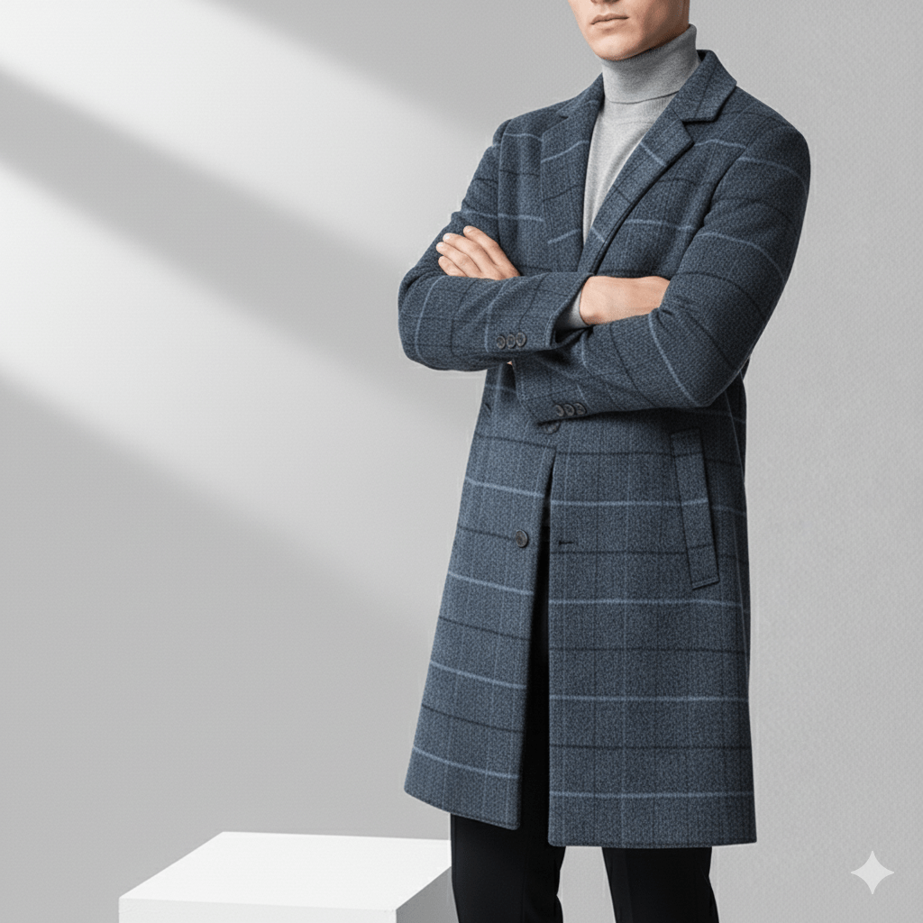 Aldric Men’s Wool Coat – Windowpane Overcoat with Structured Mid-Length Design