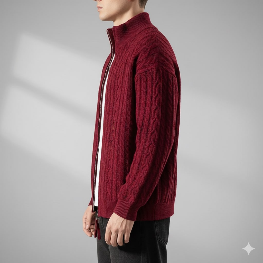 Domingo Men’s Zip-Up Cardigan – Cable Knit Mid-Weight Sweater
