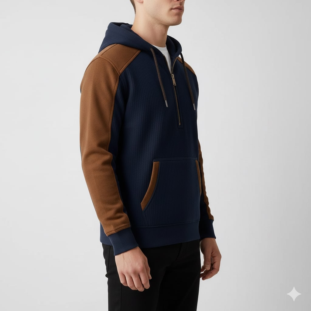 Colton Men’s Quarter-Zip Hoodie – Corduroy Cotton Blend Sweatshirt with Contrast Panels