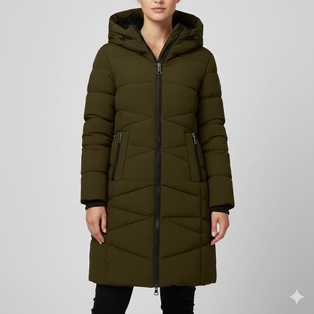 Elana Women’s Long Quilted Coat – Full-Length Warm Winter Jacket with Hood & Plush Lining