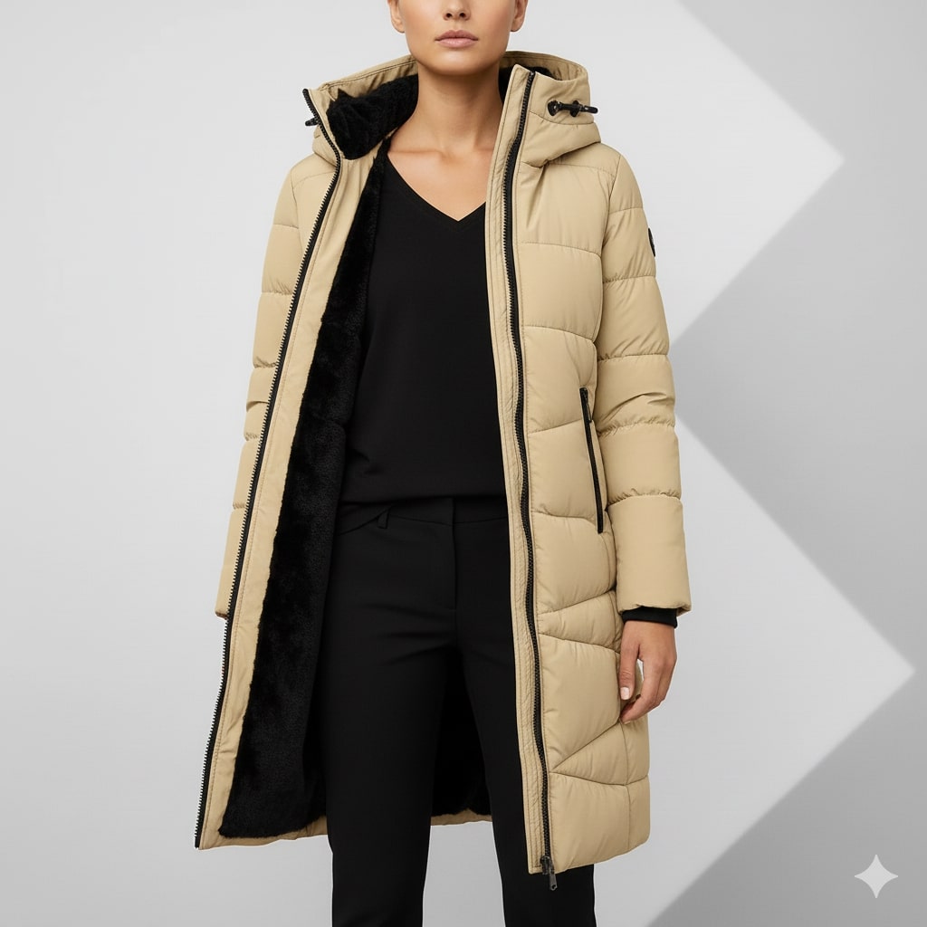 Elana Women’s Long Quilted Coat – Full-Length Warm Winter Jacket with Hood & Plush Lining