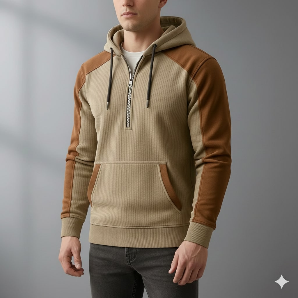 Colton Men’s Quarter-Zip Hoodie – Corduroy Cotton Blend Sweatshirt with Contrast Panels
