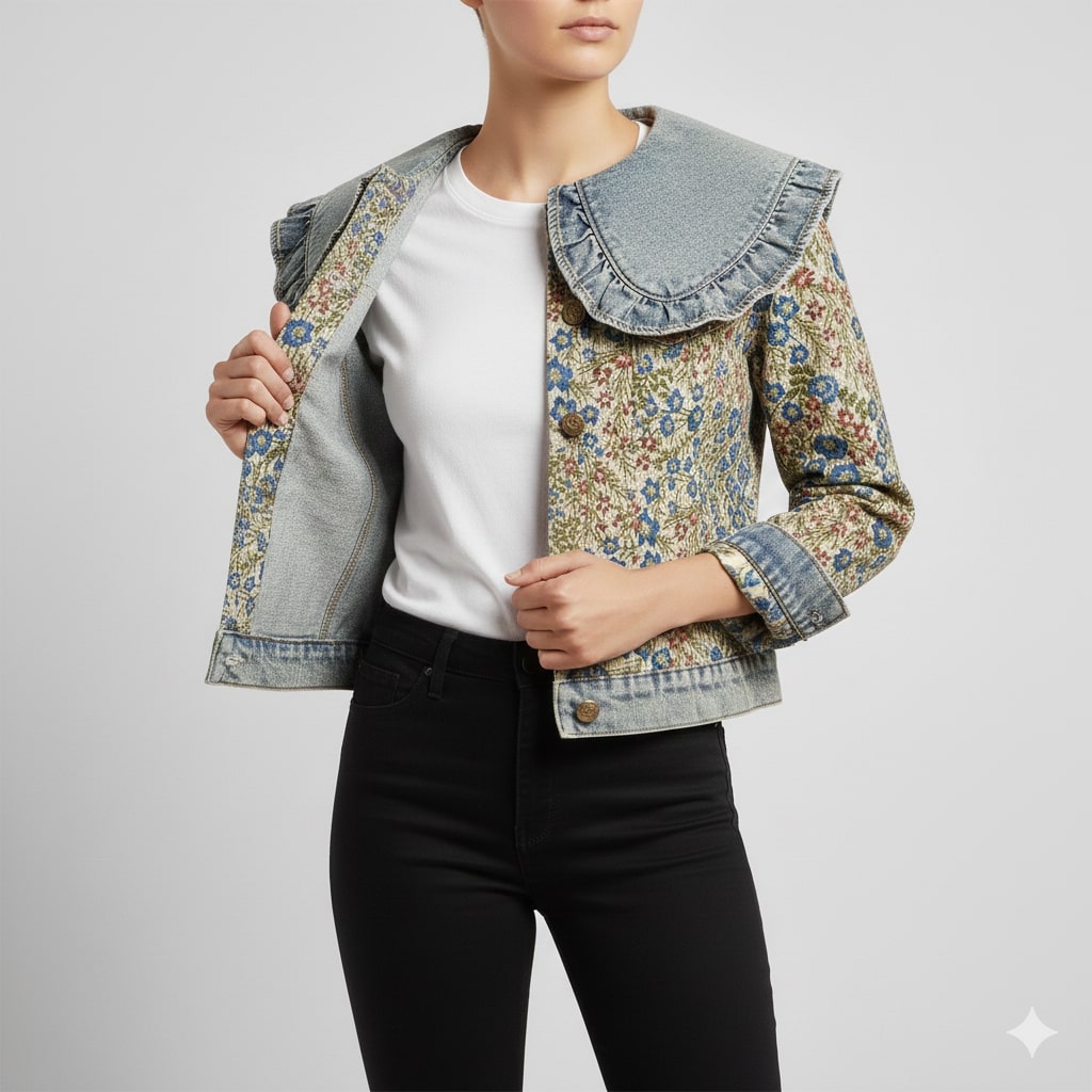 Maribel Women’s Jacquard Denim Jacket – Floral Textured Lightweight Cropped Jacket