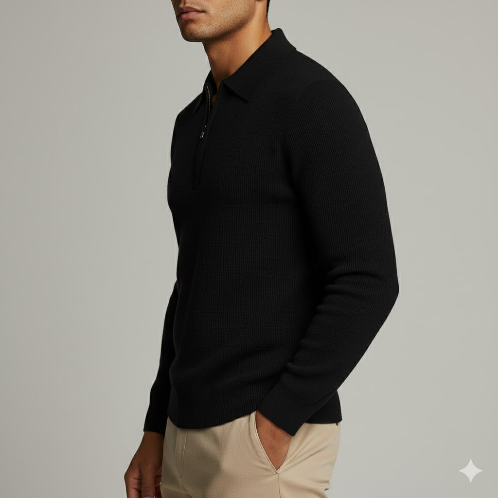 Roderick Men’s Knit Sweater – Waffle Texture Quarter-Zip Polo Shirt