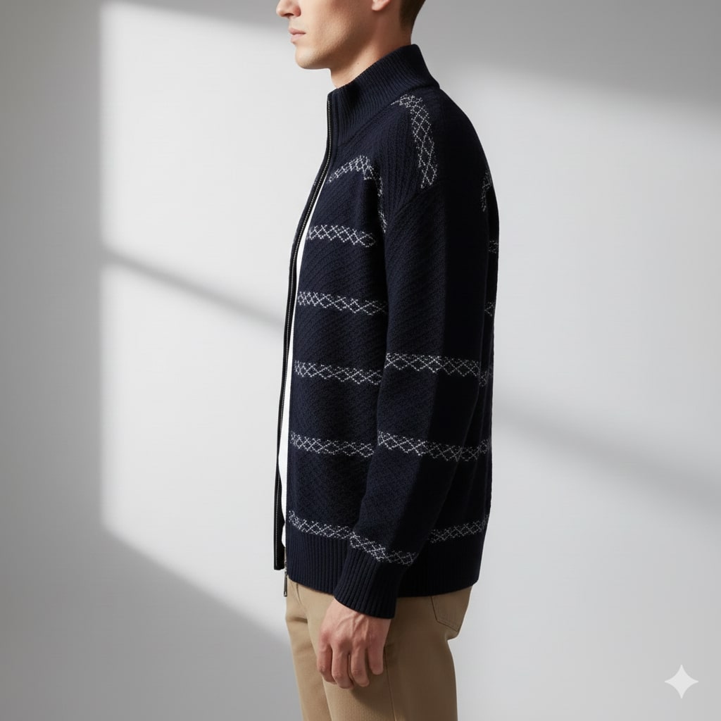Craig Men’s Zip-Up Cardigan – Textured Knit Sweater with Stand Collar