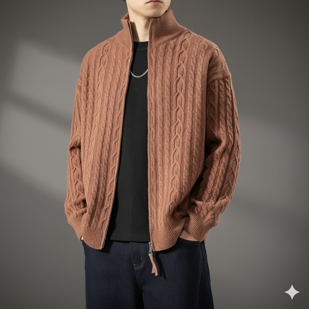 Domingo Men’s Zip-Up Cardigan – Cable Knit Mid-Weight Sweater