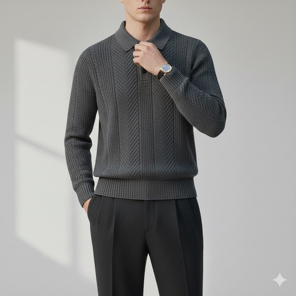 Darwin Men’s Knit Polo Sweater – Wool-Blend Cable Knit Pullover with Tailored Modern Fit