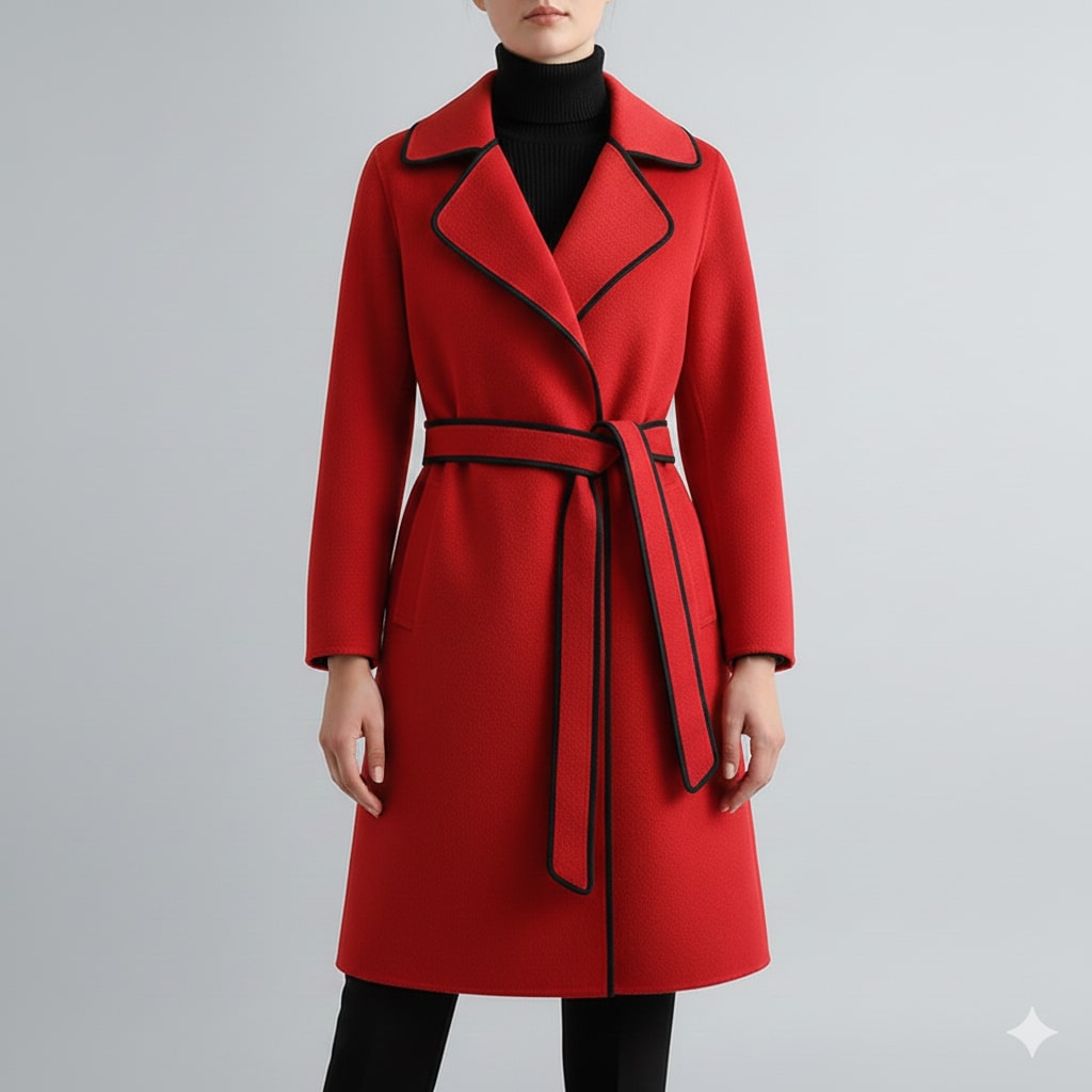 Sabrina Women’s Wool Coat – Belted Coat with Contrast Trim & Warm Interior