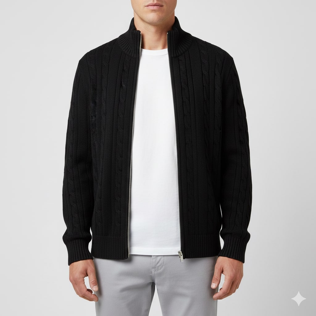Domingo Men’s Zip-Up Cardigan – Cable Knit Mid-Weight Sweater