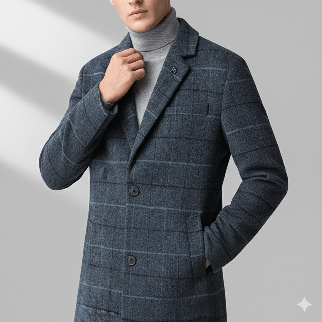 Aldric Men’s Wool Coat – Windowpane Overcoat with Structured Mid-Length Design