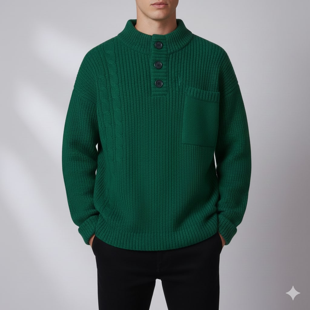 Julian Men’s Cable Knit Pullover – Soft O-Neck Sweater with Button Detail