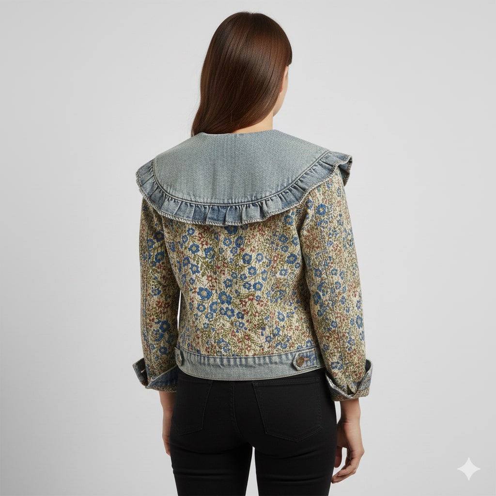 Maribel Women’s Jacquard Denim Jacket – Floral Textured Lightweight Cropped Jacket