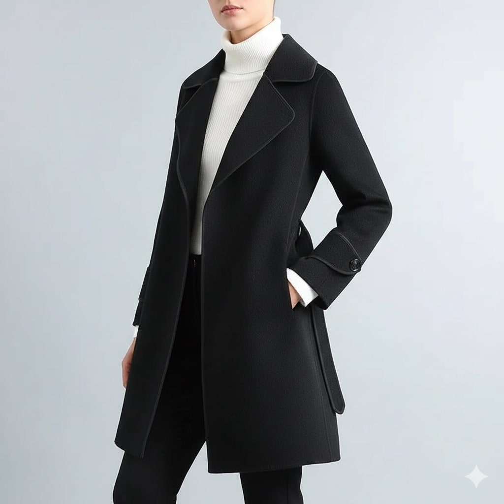 Sabrina Women’s Wool Coat – Belted Coat with Contrast Trim & Warm Interior