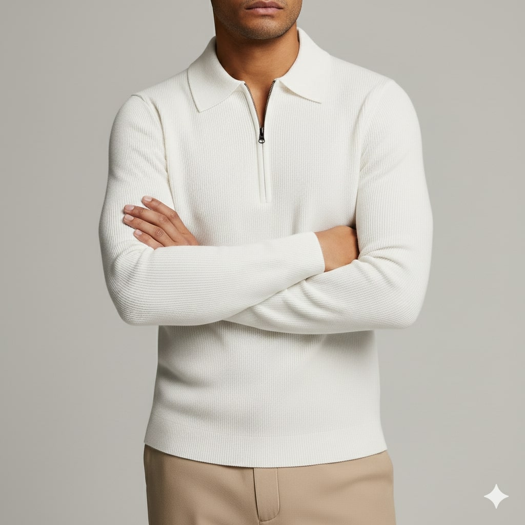 Roderick Men’s Knit Sweater – Waffle Texture Quarter-Zip Polo Shirt