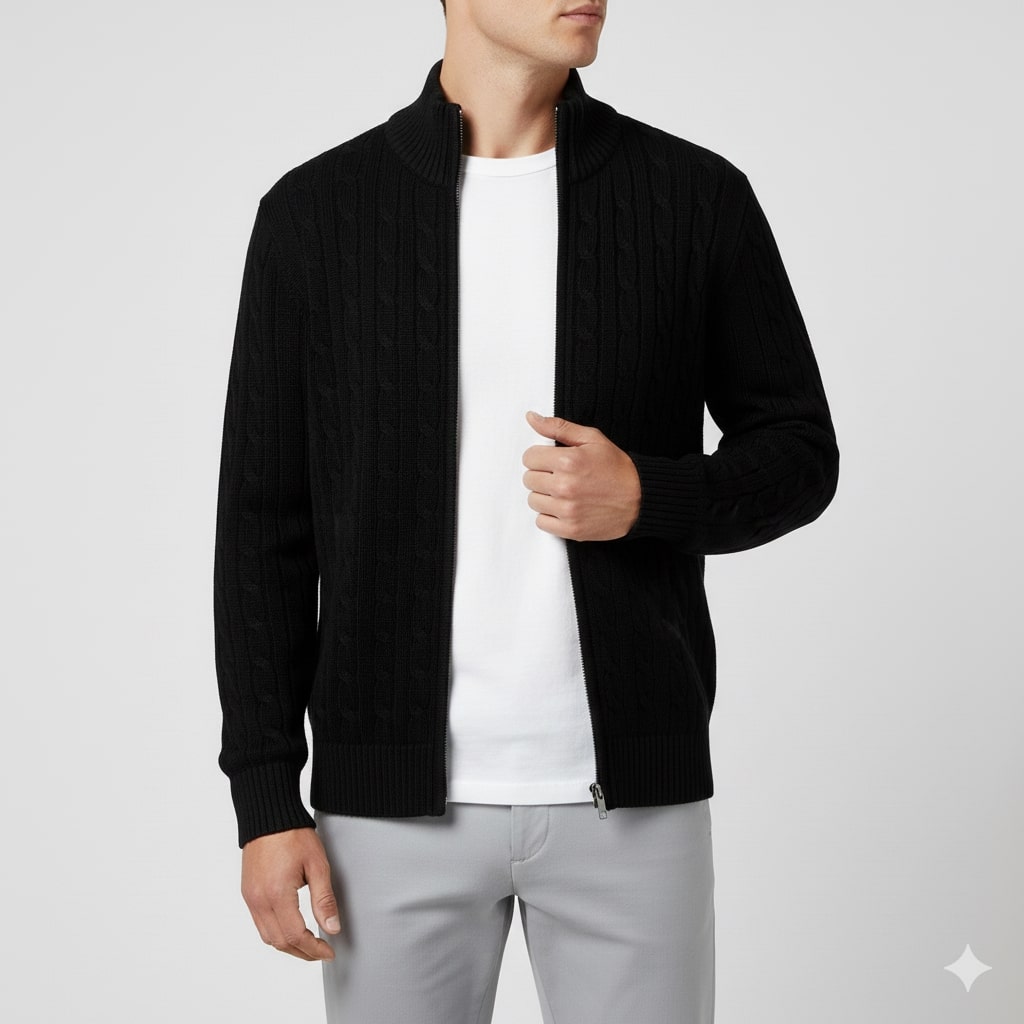 Domingo Men’s Zip-Up Cardigan – Cable Knit Mid-Weight Sweater