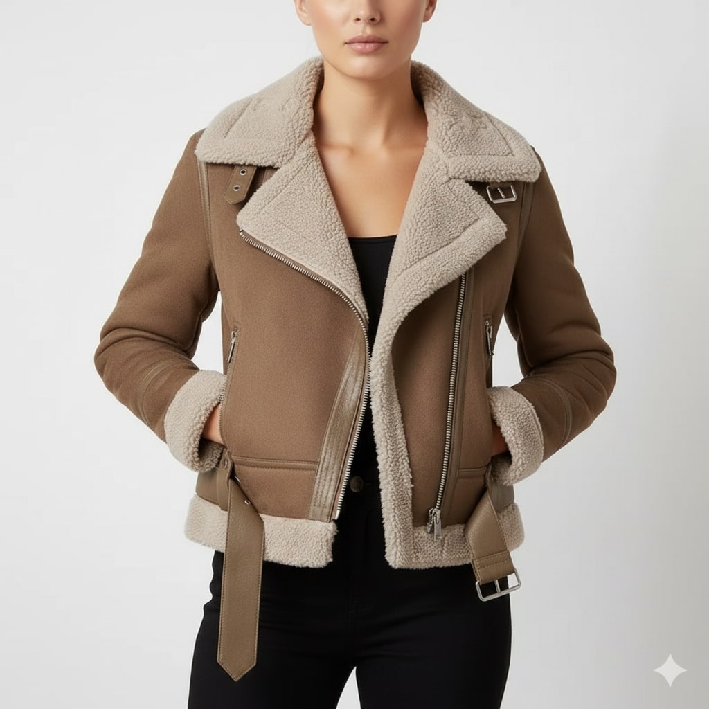 Aubrey Women’s Shearling Jacket – Aviator Suede Jacket with Plush Lining