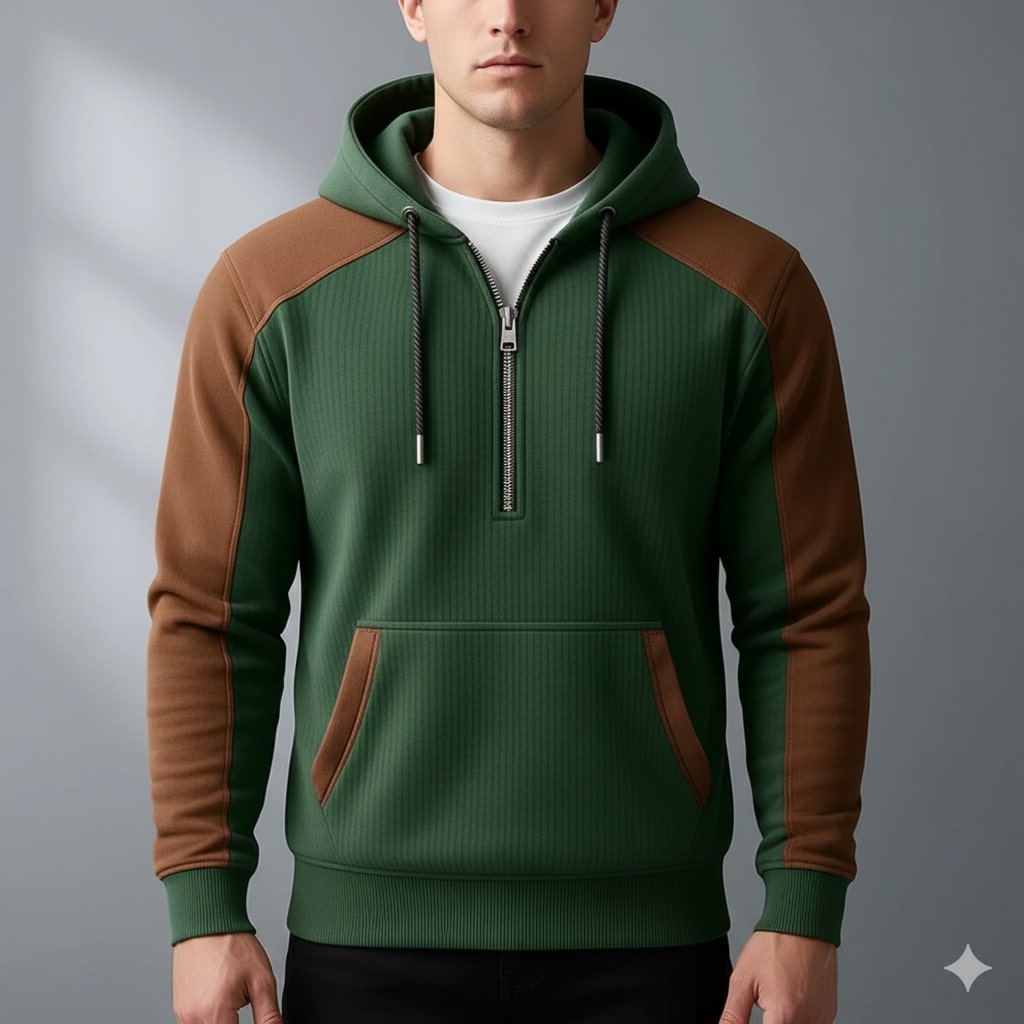 Colton Men’s Quarter-Zip Hoodie – Corduroy Cotton Blend Sweatshirt with Contrast Panels