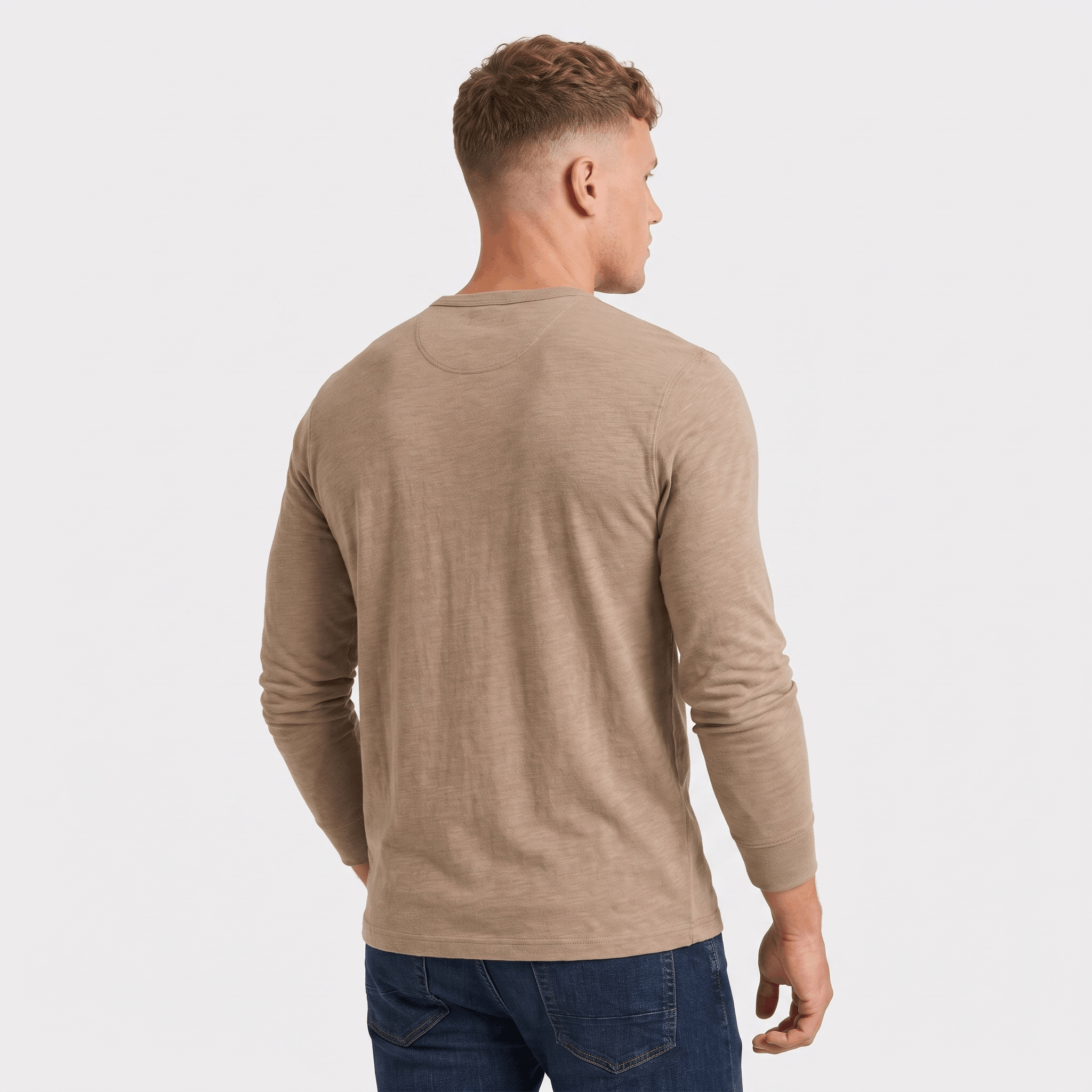 Back view of a men's taupe long-sleeve Henley shirt with a clean silhouette and classic fit.