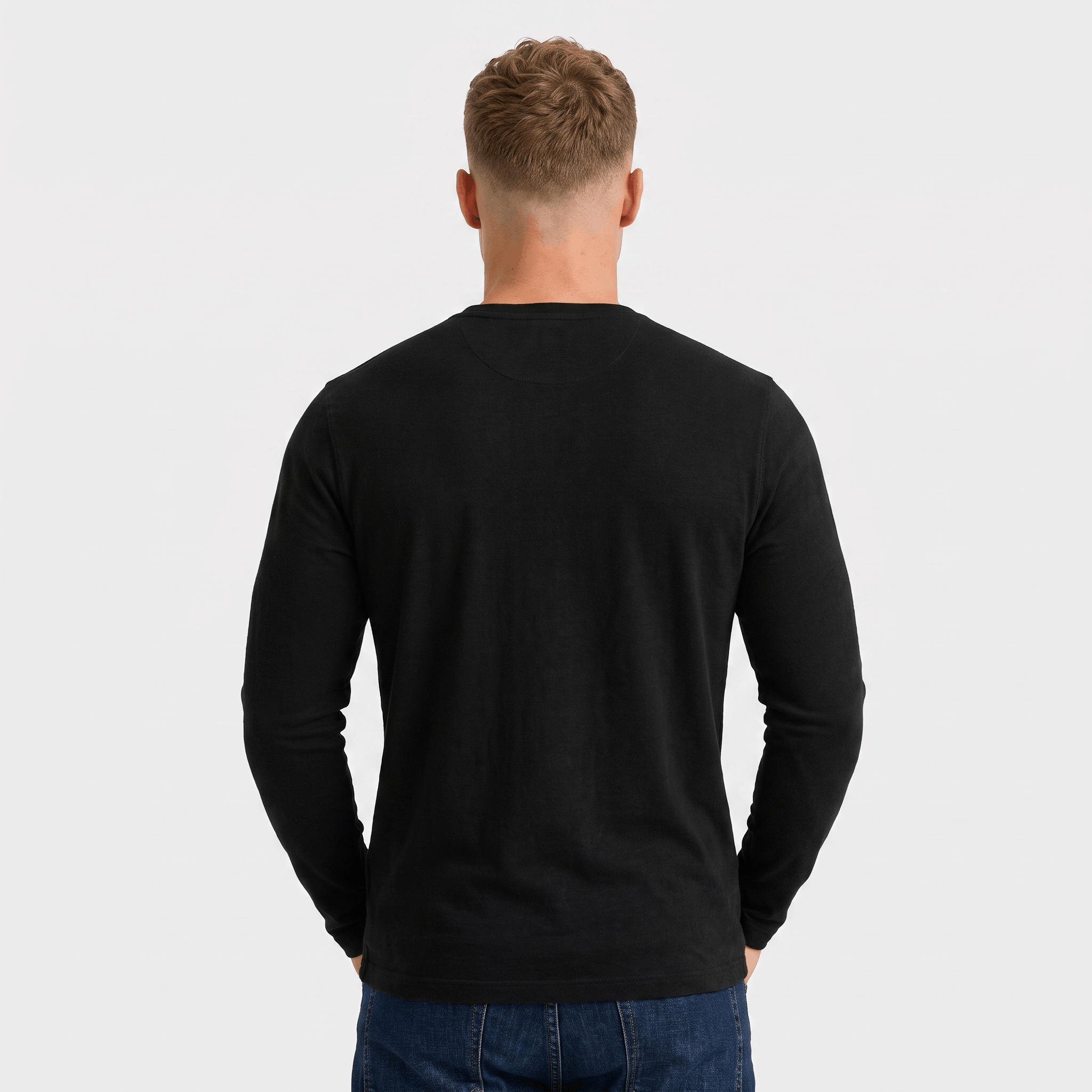 Back view of a men's black long-sleeve Henley shirt with a classic silhouette and long sleeves.