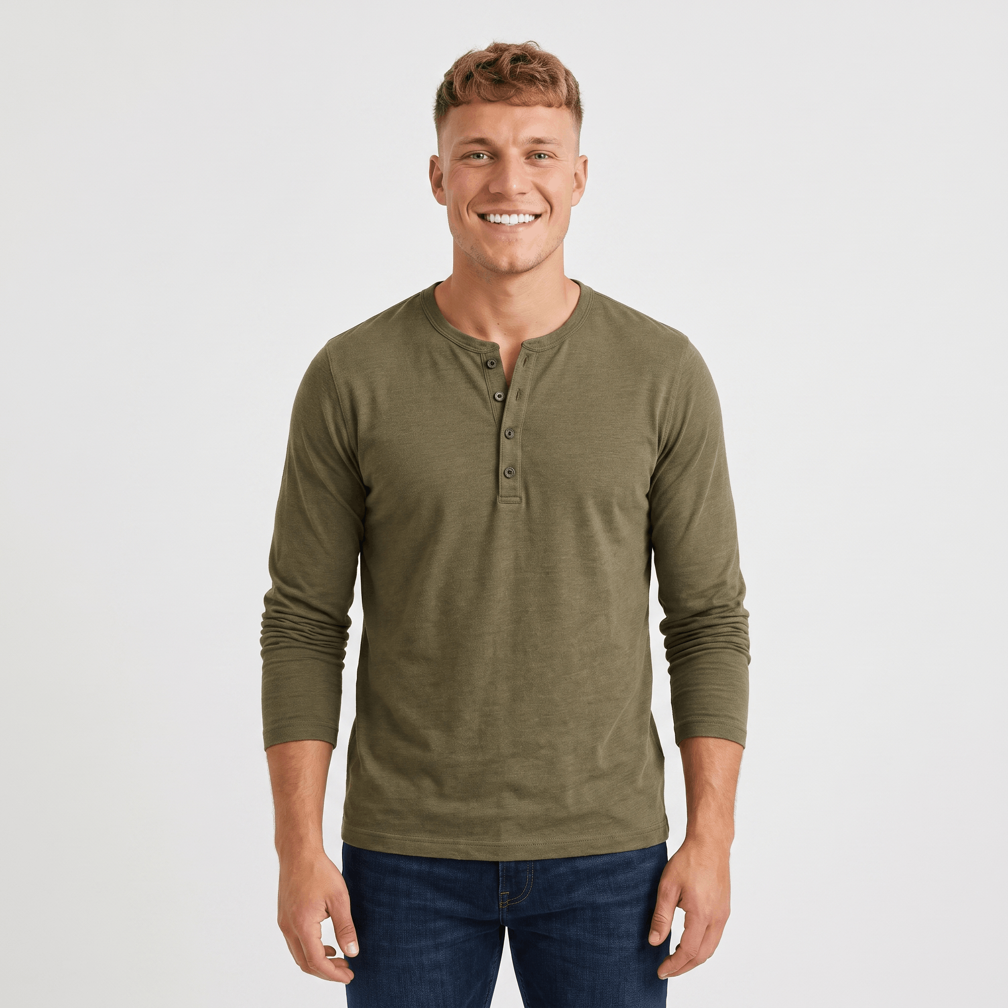 Man wearing an olive green long-sleeve Henley shirt featuring a three-button neckline and classic fit.