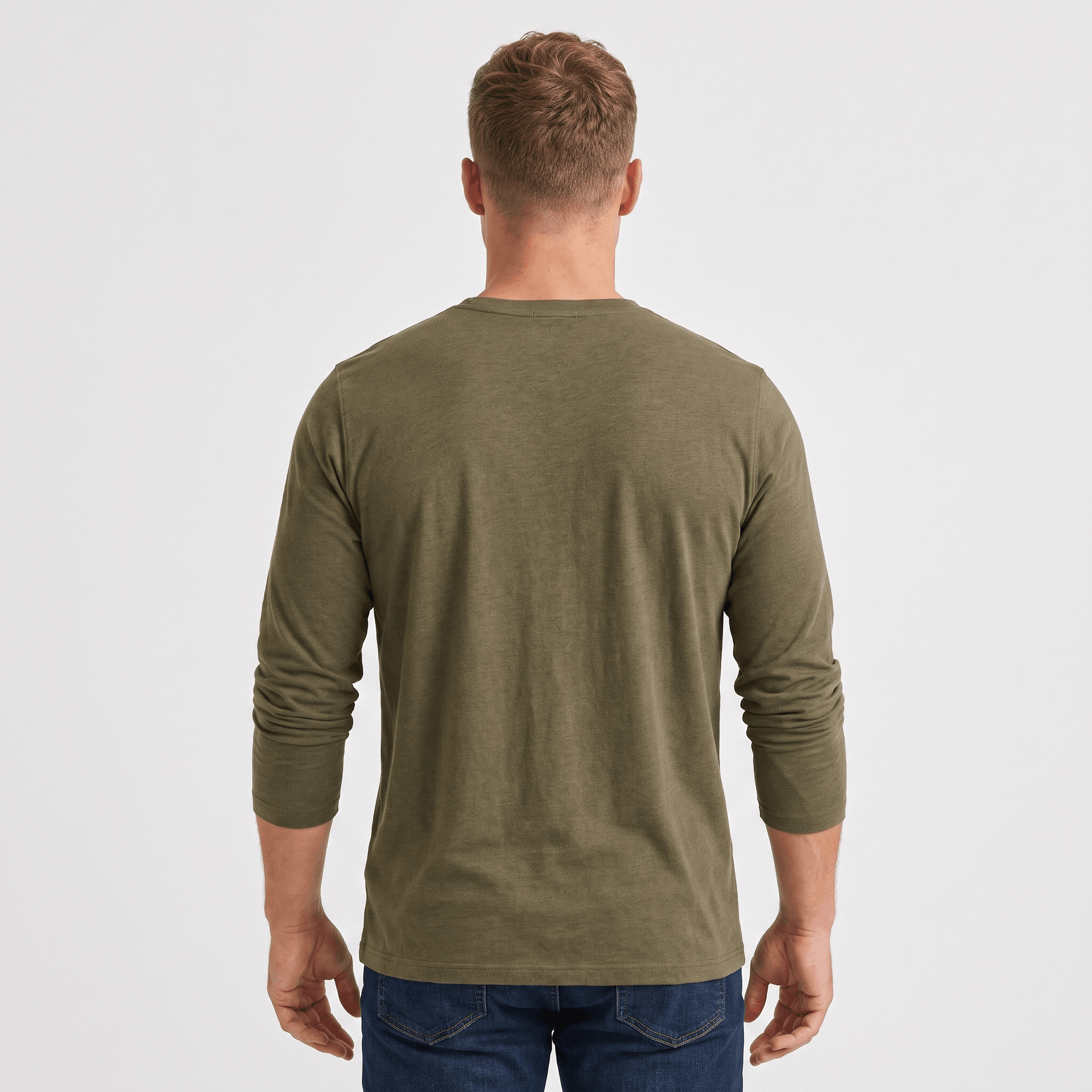 Back view of a men's olive green long-sleeve Henley shirt with a clean minimalist design.
