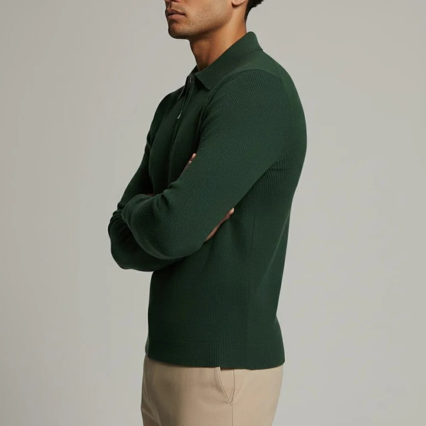 Roderick Men’s Knit Sweater – Waffle Texture Quarter-Zip Polo Shirt