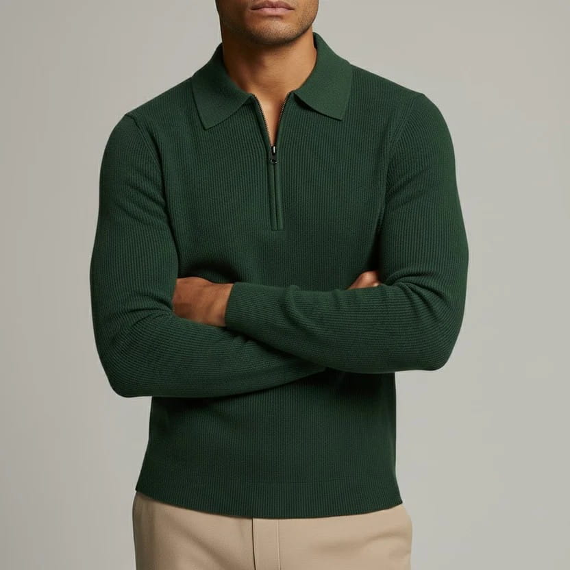 Roderick Men’s Knit Sweater – Waffle Texture Quarter-Zip Polo Shirt