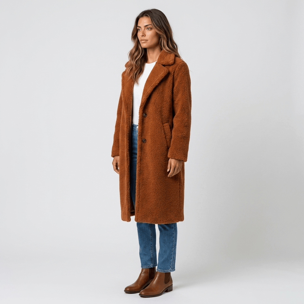 Woman wearing a camel brown long coat with blue jeans and brown ankle boots while standing outdoors.