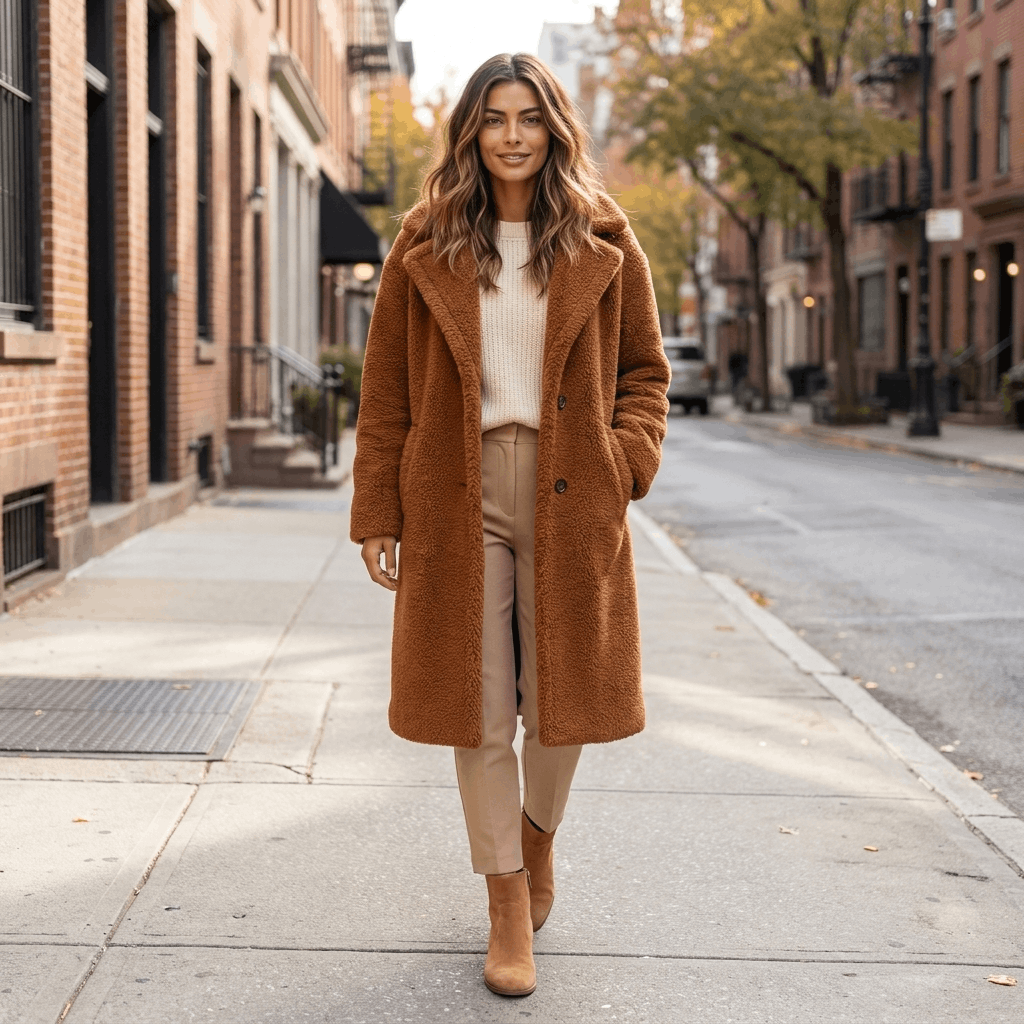 Woman wearing a camel brown long coat with blue jeans and brown ankle boots while walking along a city sidewalk.