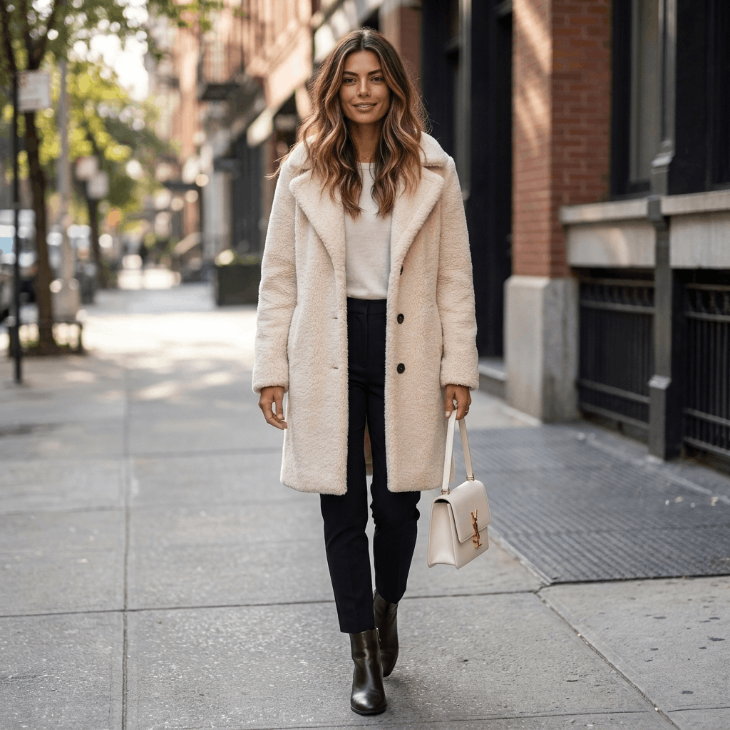 Woman wearing a cream-colored long coat with a white top and dark trousers while walking along an urban street.