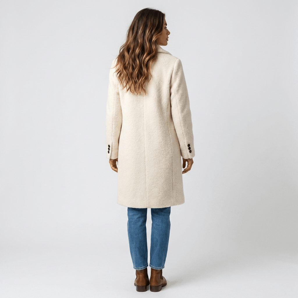 Back view of a woman wearing a cream-colored long coat with a tailored silhouette and long sleeves, paired with blue jeans and brown ankle boots.