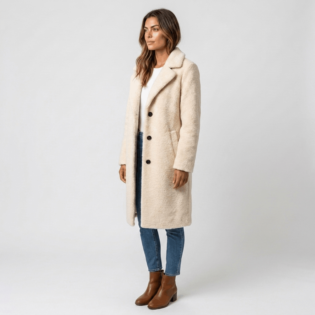 Side view of a woman wearing a cream-colored long coat with a notched lapel, button closure, and tailored fit.