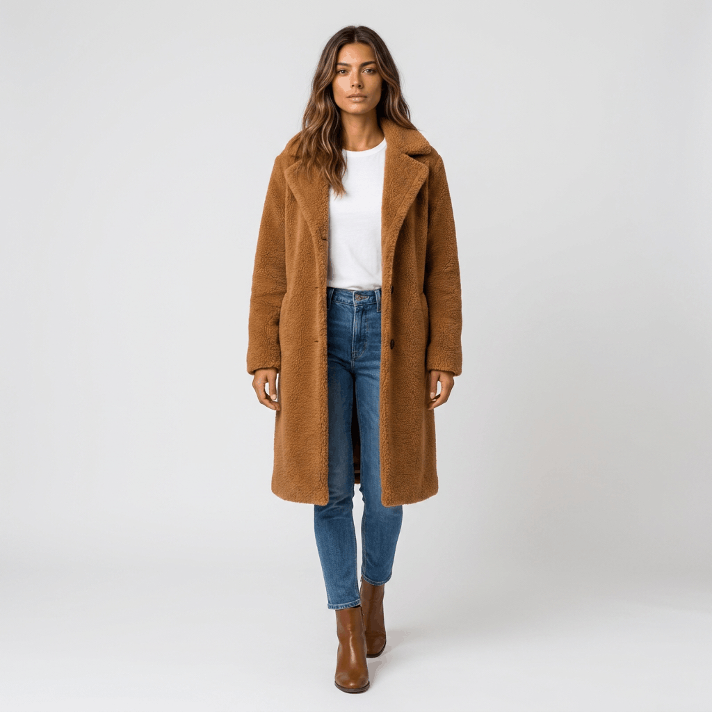 Woman wearing a camel brown long coat over a white top and blue jeans, paired with brown ankle boots.