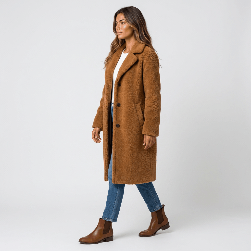 Side view of a woman wearing a camel brown long coat with a tailored silhouette and long sleeves.