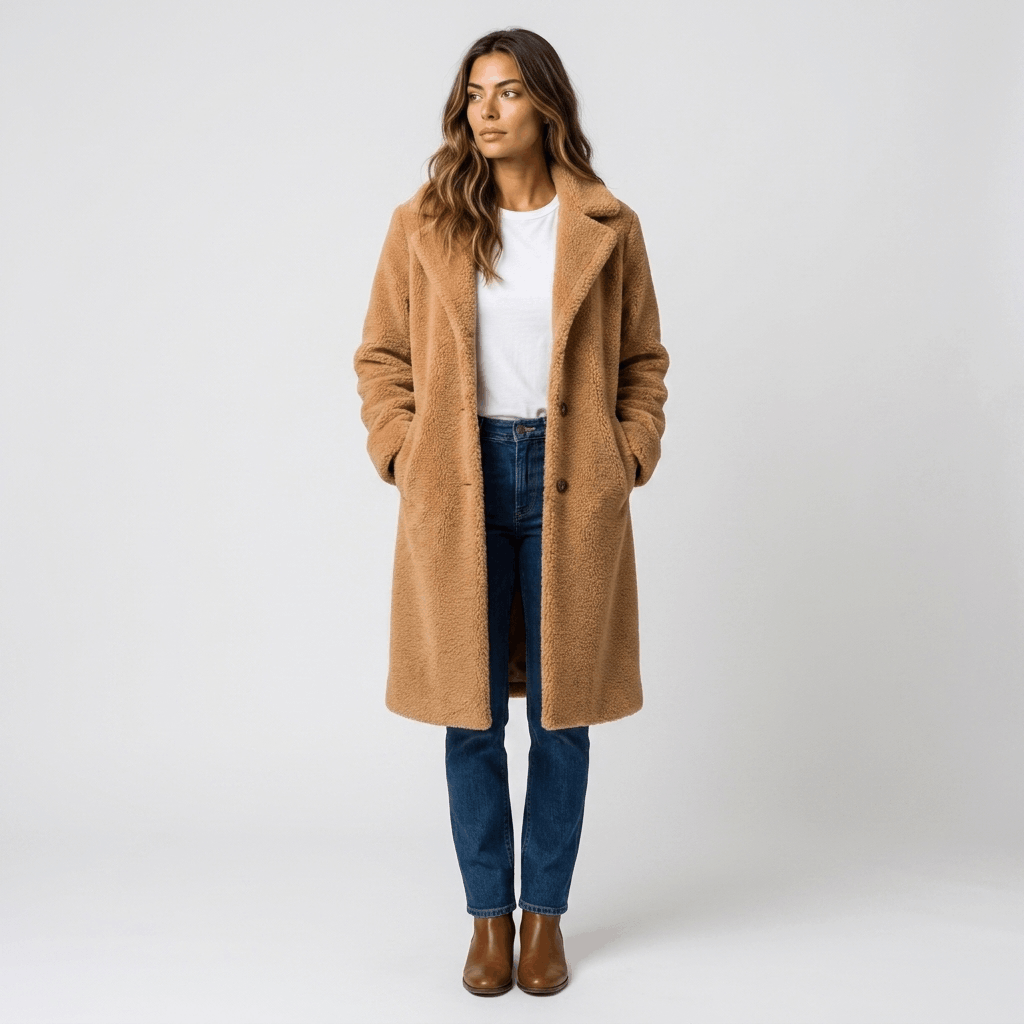 Woman wearing a camel brown long coat over a white top and blue jeans, shown in a front-facing view.