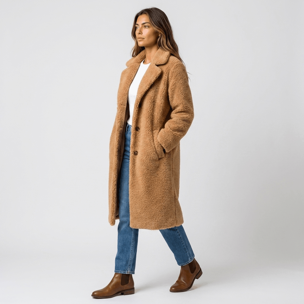 Side view of a woman wearing a camel brown long coat with side pockets and a tailored silhouette.