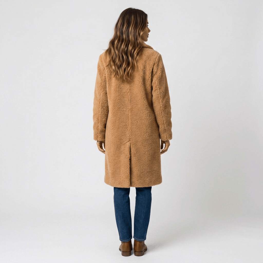Back view of a woman wearing a camel brown long coat with a structured silhouette and long sleeves.